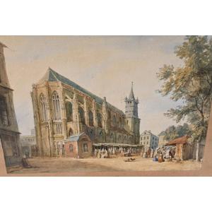 Watercolor View Of A Church, 19th Century Norman School