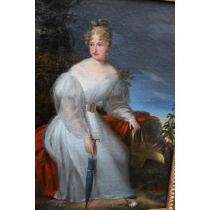 Charmant portrait d une jeune femme dans un parc  école XIX