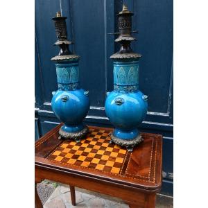 Théodore Deck , paire de grandes  lampesen céramique émaillée Bleu de Perse 