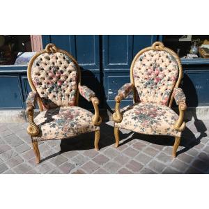 Paire de grands fauteuils cordes bois doré style Napoléon III