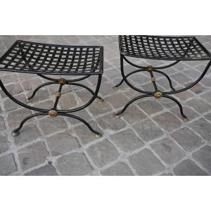 Paire de tabourets de forme curule en fer forgé vers 1950