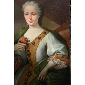 Portrait d une élégante au manteau vert , Robert le Vrac de Tournieres , école XVIII