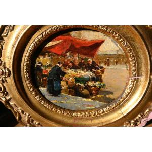 Lucien Simon , le marché de Morlaix , huile sur carton