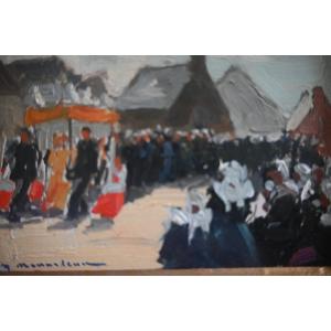 Ménardeau, Oil On Cardboard: Procession In Brittany