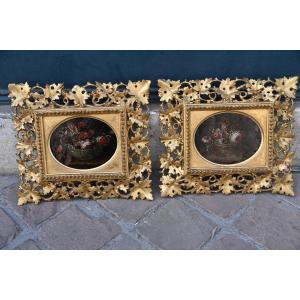 Paire de cuivres fin XVII , bouquets de fleurs Italie