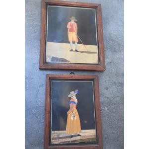 Deux panneaux en marqueterie de pierres dures, personnages , Italie XIX