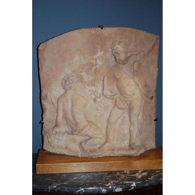 Rare Plaque En Terre Cuite En Haut Relief, Amours XVIII