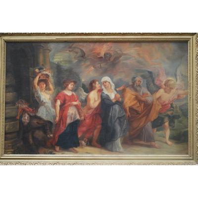 Huile Représentant La Fuite De Loth , D Après Le Tableau De Rubens