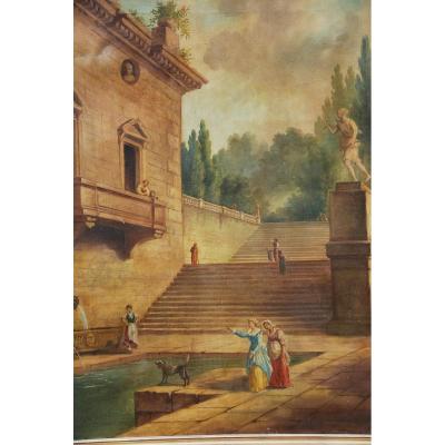 Oil On Canvas The Staircase Of The Roman Villa After Hubert Robert