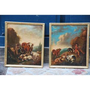 Pair Of Shepherd Canvases, Italy Circa 1750