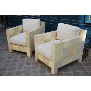 Rare Pair Of Shagreen And Parchment Armchairs D After Jean Michel Frank