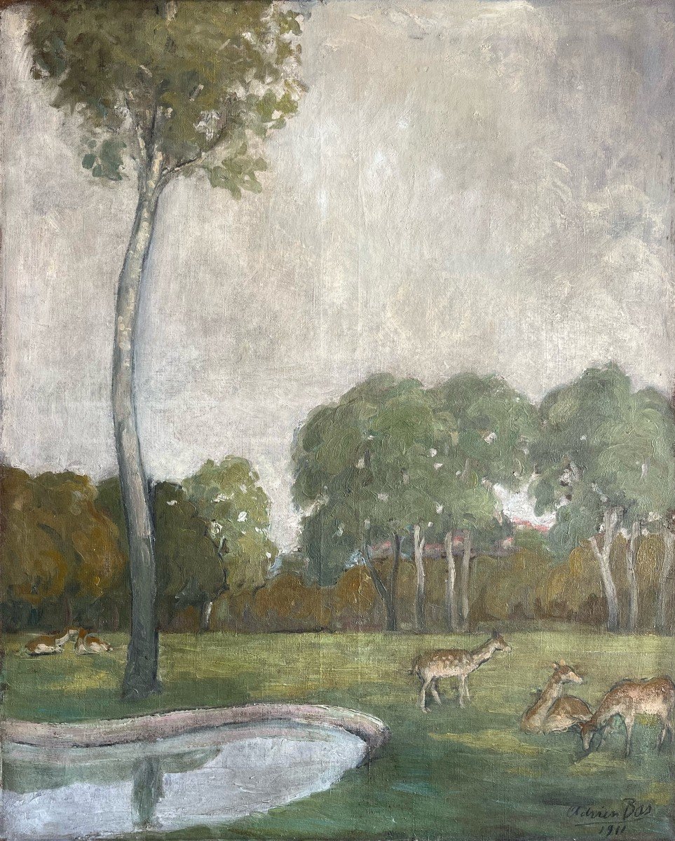 Paysage Avec Biches, Signé Adrien Bas 1911, Huile Sur Toile, 100x81cm, Sans Cadre