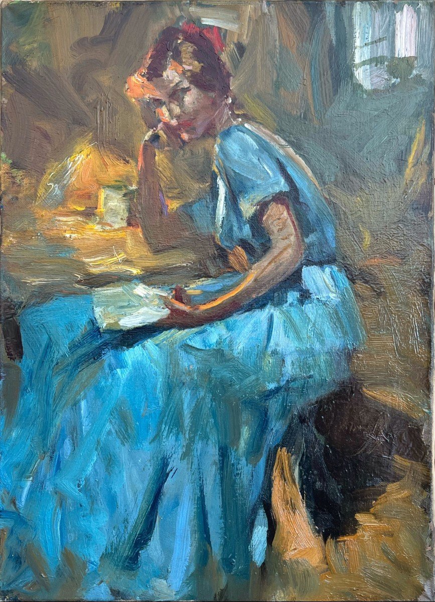 Woman Reading, Unsigned, 20th Century, Oil On Canvas, 46x33cm, Unframed