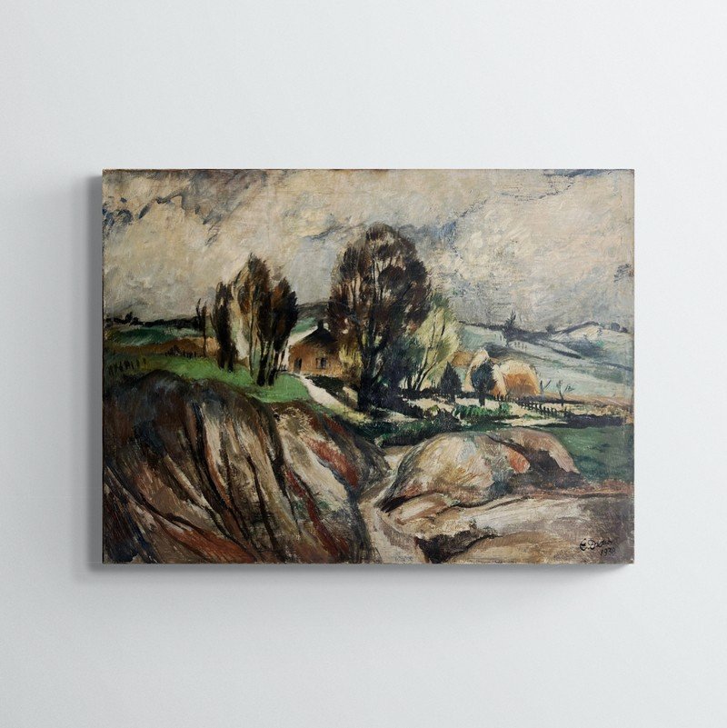 House And Hills, Signed E Didier 1938, Oil On Canvas, 65x92cm, Unframed -photo-2