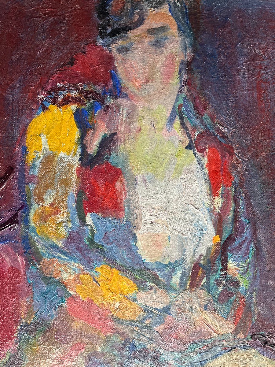 Femme Assise, XXe, Signé Forveille Au Revers, Huile Sur Toile, 65 X 54 Cm, Sans Cadre-photo-1