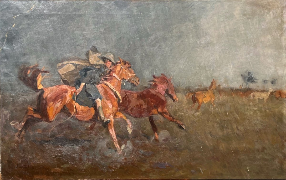 Horse Racing In The Rain, Oil On Canvas, Signed Bela Juskó, 20th Century, 142x87 Cm, Unframed