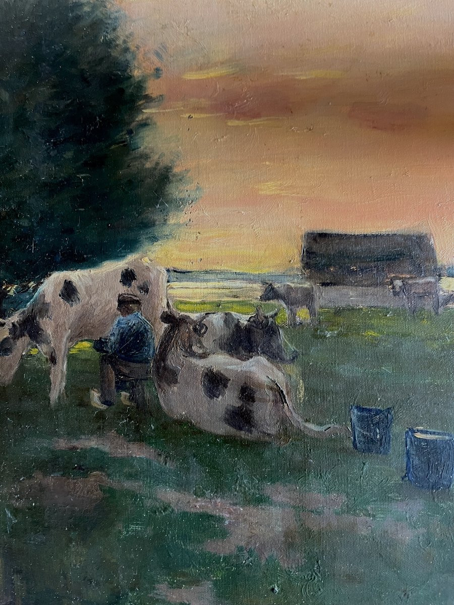Anton Van Tijn (1863-1943), Paysage avec vaches, huile sur toile, signé, 61x46cm, sans cadre-photo-2