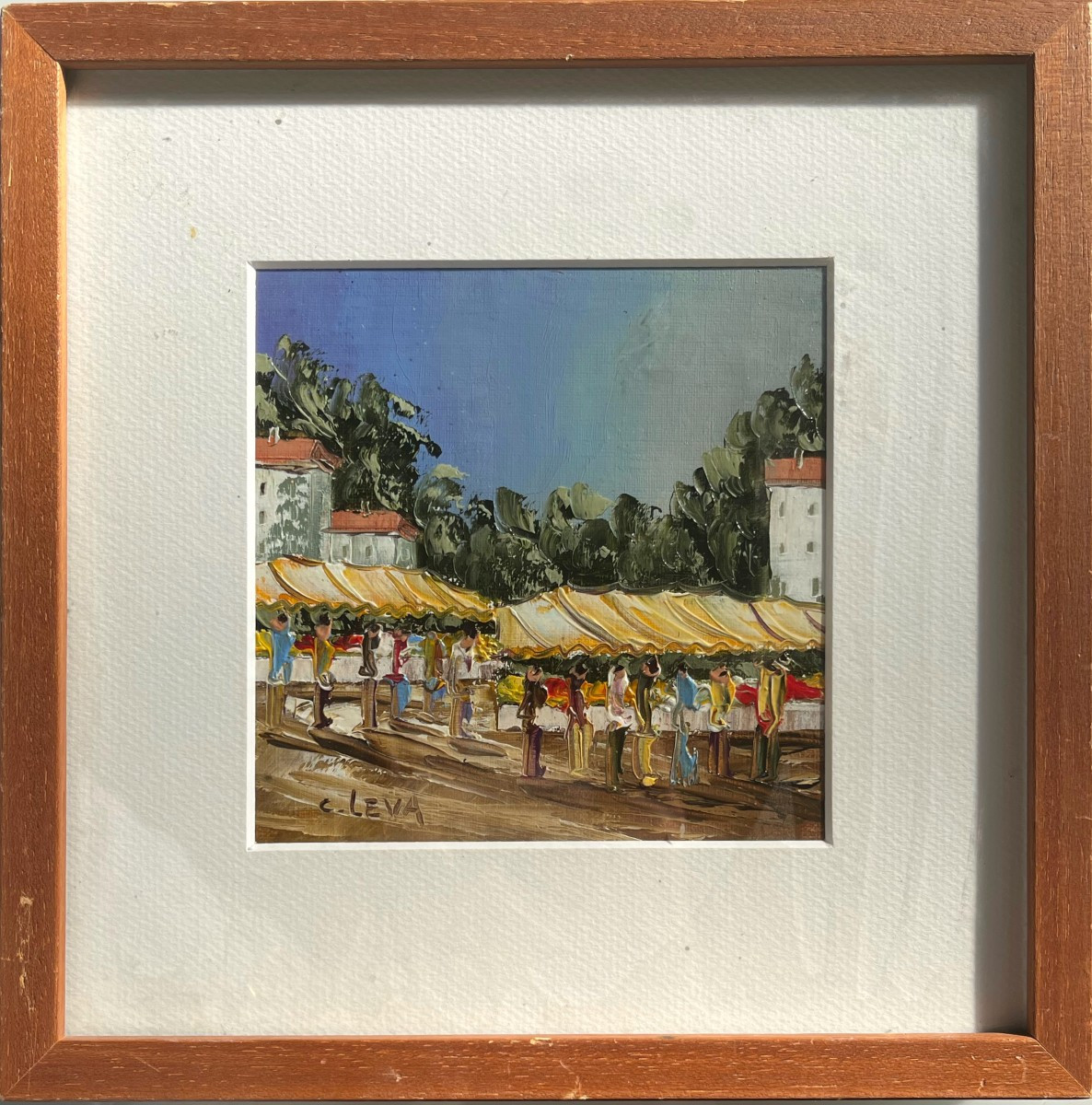 C Leva, le marché, XXe, huile sur papier, signé, 26,5x26,5cm, avec cadre