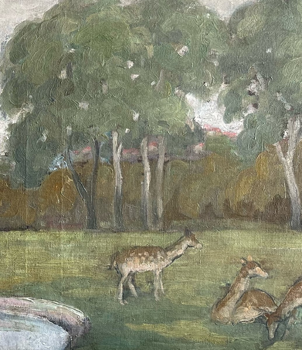 Paysage avec biches, signé Adrien Bas 1911, huile sur toile, 100x81cm, sans cadre-photo-2