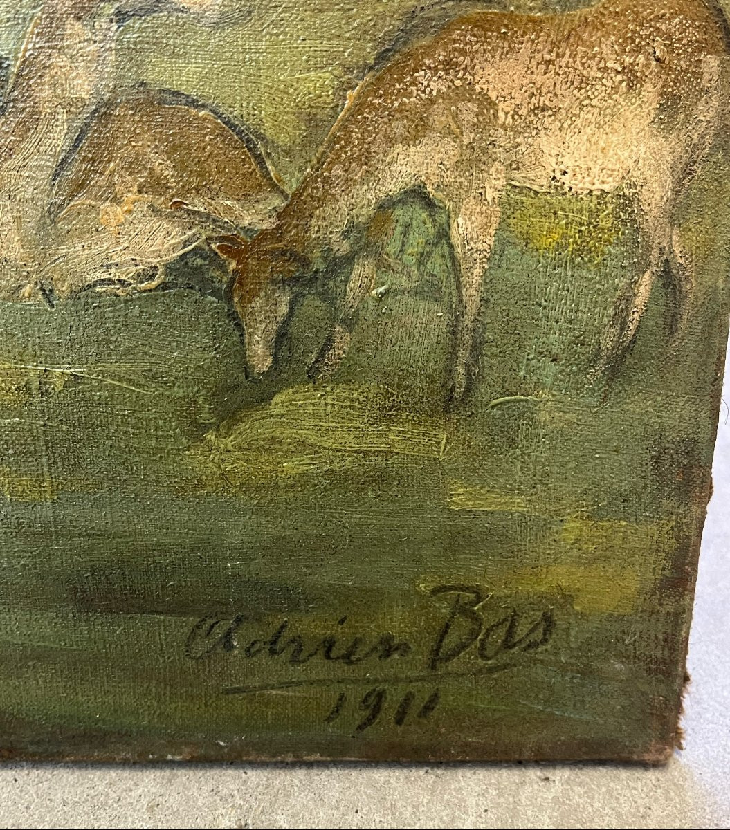 Paysage avec biches, signé Adrien Bas 1911, huile sur toile, 100x81cm, sans cadre-photo-3