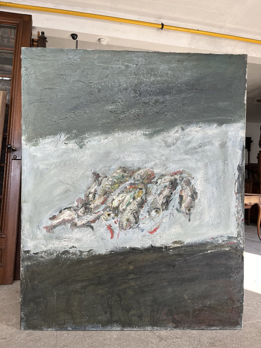 Les sardines, signé Maly 1974, huile sur toile, 162x130cm, sans cadre-photo-2