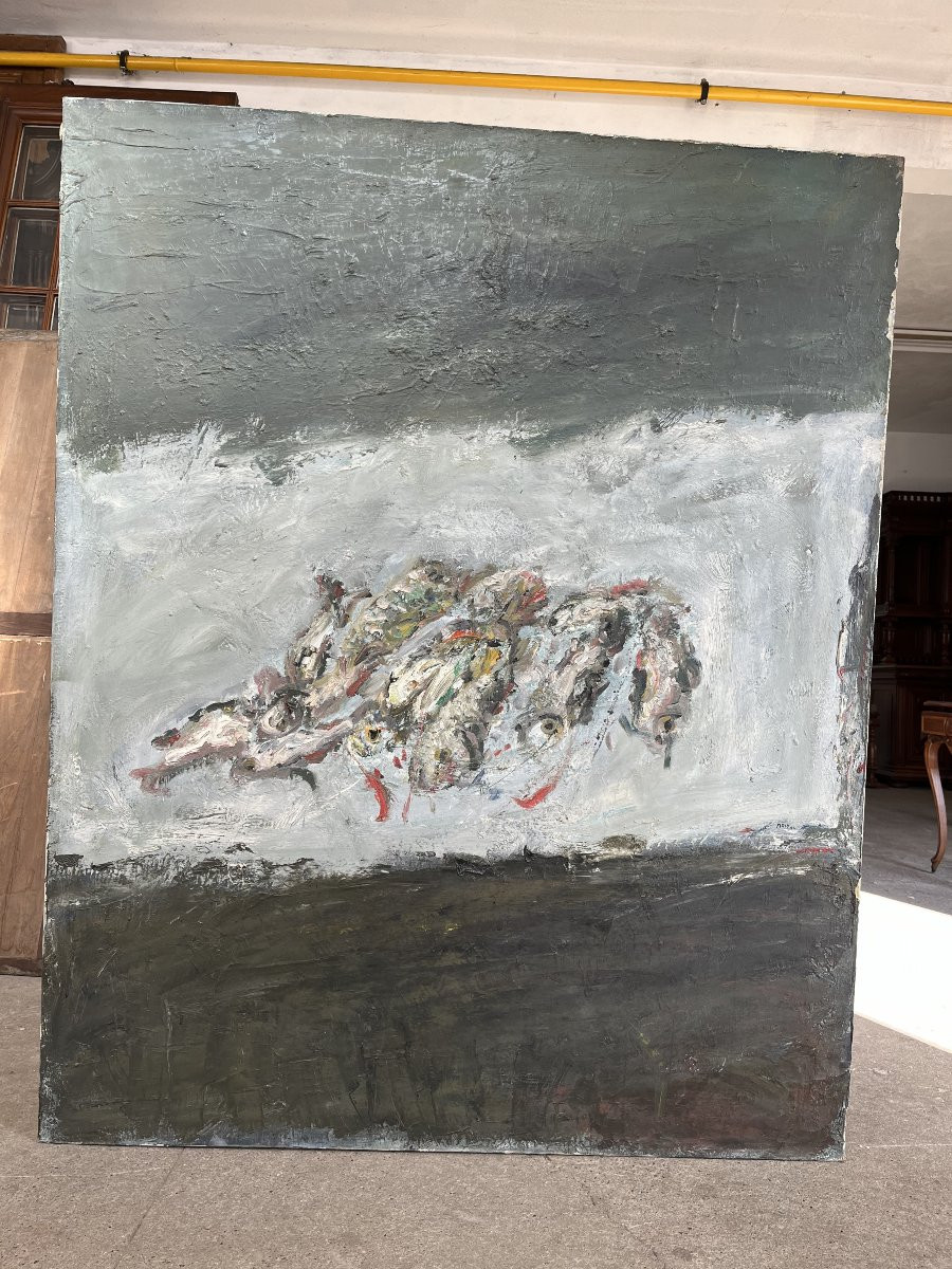 Les sardines, signé Maly 1974, huile sur toile, 162x130cm, sans cadre-photo-3