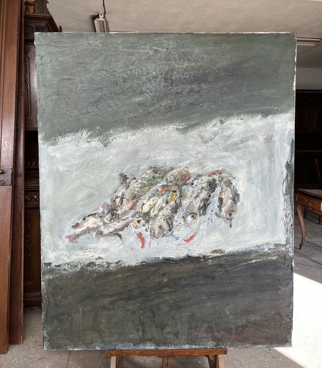 Les sardines, signé Maly 1974, huile sur toile, 162x130cm, sans cadre