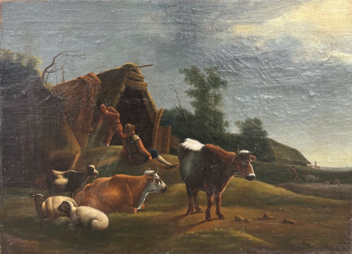 Paysans, XIXème siècle,  huile sur toile, 32x45 cm, sans cadre