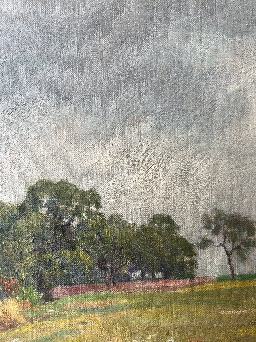 Champ, signé Joannès Drevet (1854–1940), XXème siècle, huile sur toile, 27x35cm, sans cadre-photo-3