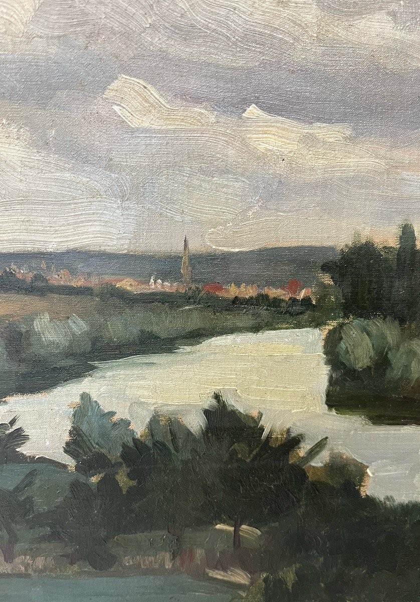 Paysage fluvial, non signé XXe, huile sur toile, 38 x 55 cm, sans cadre-photo-2