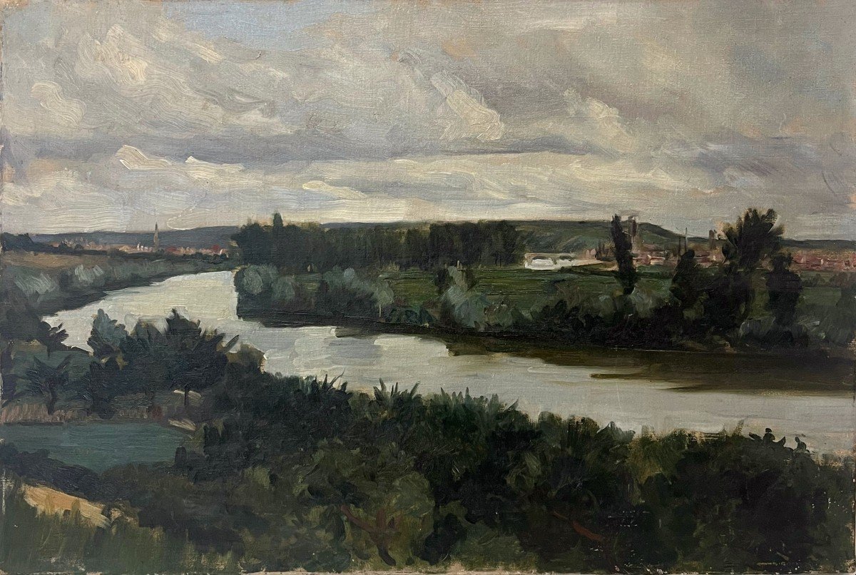 Paysage fluvial, non signé XXe, huile sur toile, 38 x 55 cm, sans cadre-photo-2