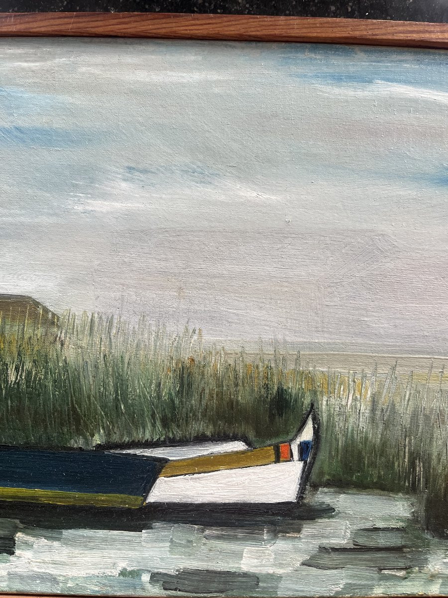 Landscape With Boat, Signed Mady, 1959, Oil On Canvas, 29.5 X 48 Cm, With Frame -photo-2