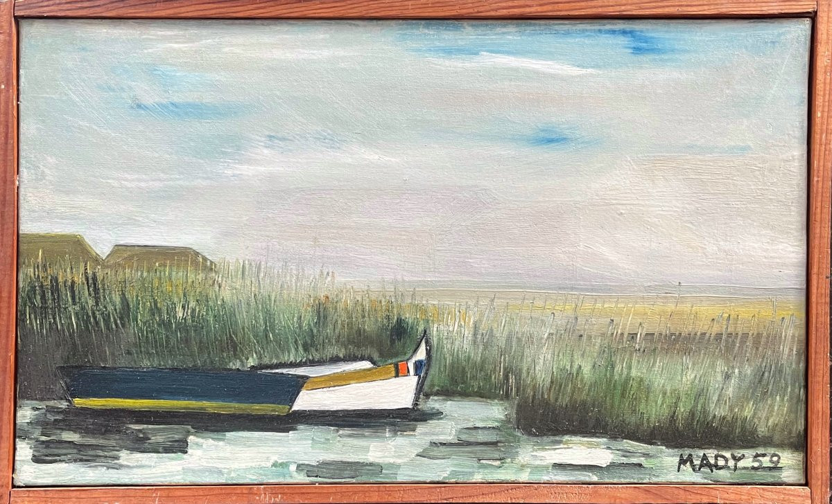 Landscape With Boat, Signed Mady, 1959, Oil On Canvas, 29.5 X 48 Cm, With Frame -photo-3