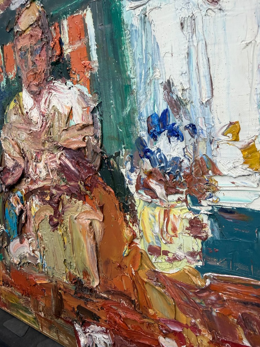 Homme Dans Un Intérieur, Signed Saint Jean, 1986, Oil On Canvas, 60x81 Cm, Unframed-photo-3