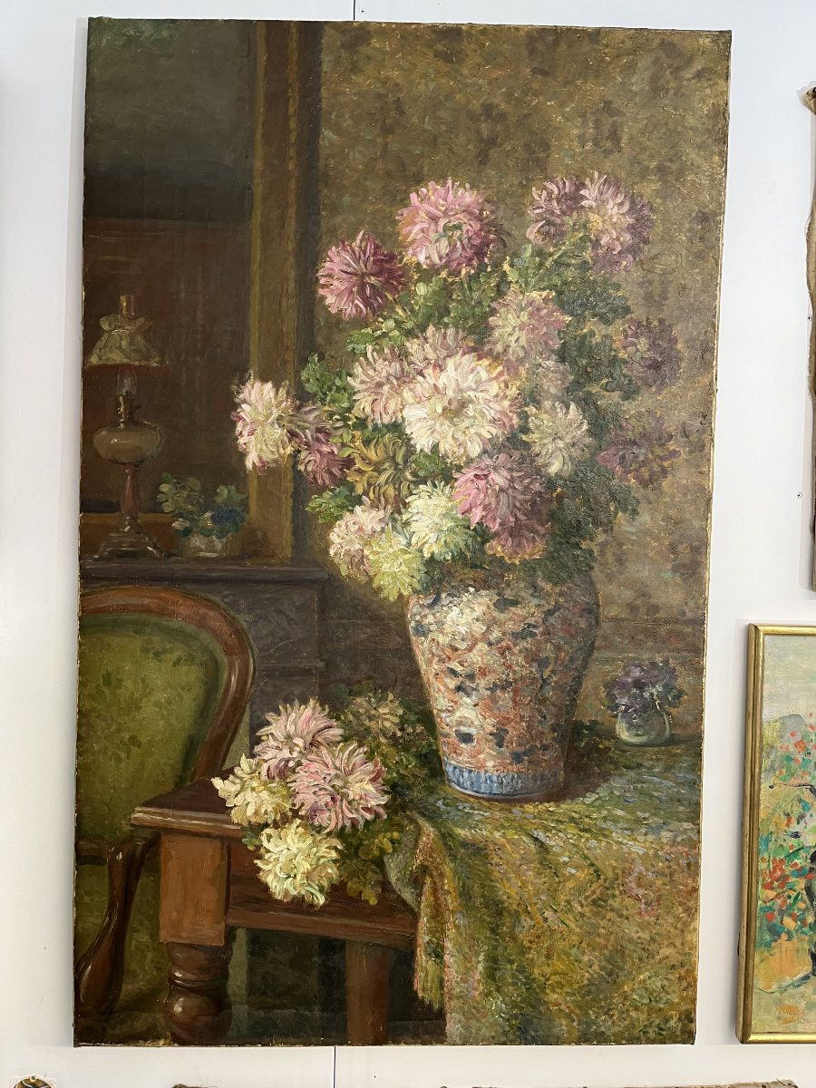 Grande nature morte aux lilas dans un intérieur – Huile sur toile XIXe – 130 cm-photo-3