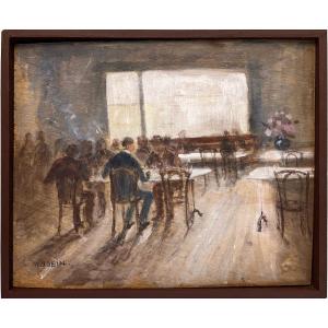 Interior Of Estaminet - Oil On Panel Signed Marcel Gobin (1872-1964)