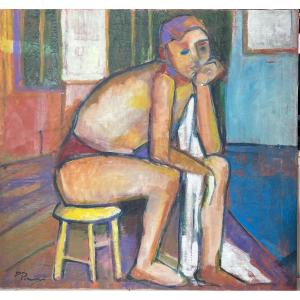 Jeune Homme Assis, XXe, Huile Sur Toile, 75x79 Cm