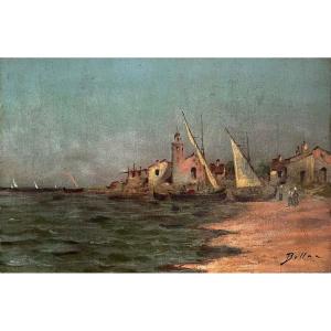 Seaside Village, 20th Century, Signed Bellan, Oil On Canvas, 30x46.5cm, Unframed