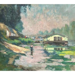 Riverside Landscape, 20th Century, Unsigned, Oil On Canvas, 81x65cm, Unframed