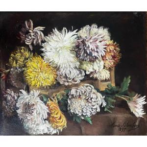 Les Dalhias, XIXe, Signé Marie Blanchon, Huile Sur Toile, 38x46cm, Sans Cadre