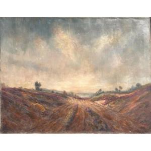 Herrmannsdörfer, Champs de lavande, XXe, huile sur toile, signé, 52x42 cm, sans cadre