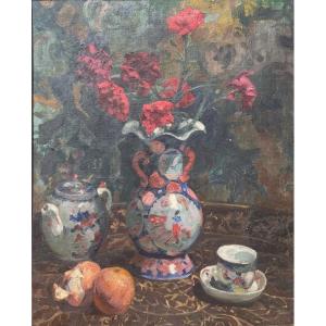 Bouquet On Table, 20th Century, Oil On Canvas, Signed, 55 X 66 Cm, With Frame