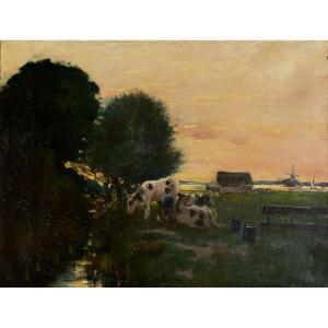 Anton Van Tijn (1863-1943), Paysage avec vaches, huile sur toile, signé, 61x46cm, sans cadre