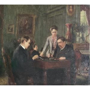 Backgammon, 19th Century, Oil On Canvas, 46x57cm, Unframed