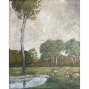 Paysage avec biches, signé Adrien Bas 1911, huile sur toile, 100x81cm, sans cadre