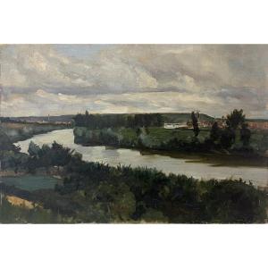 Paysage fluvial, non signé XXe, huile sur toile, 38 x 55 cm, sans cadre