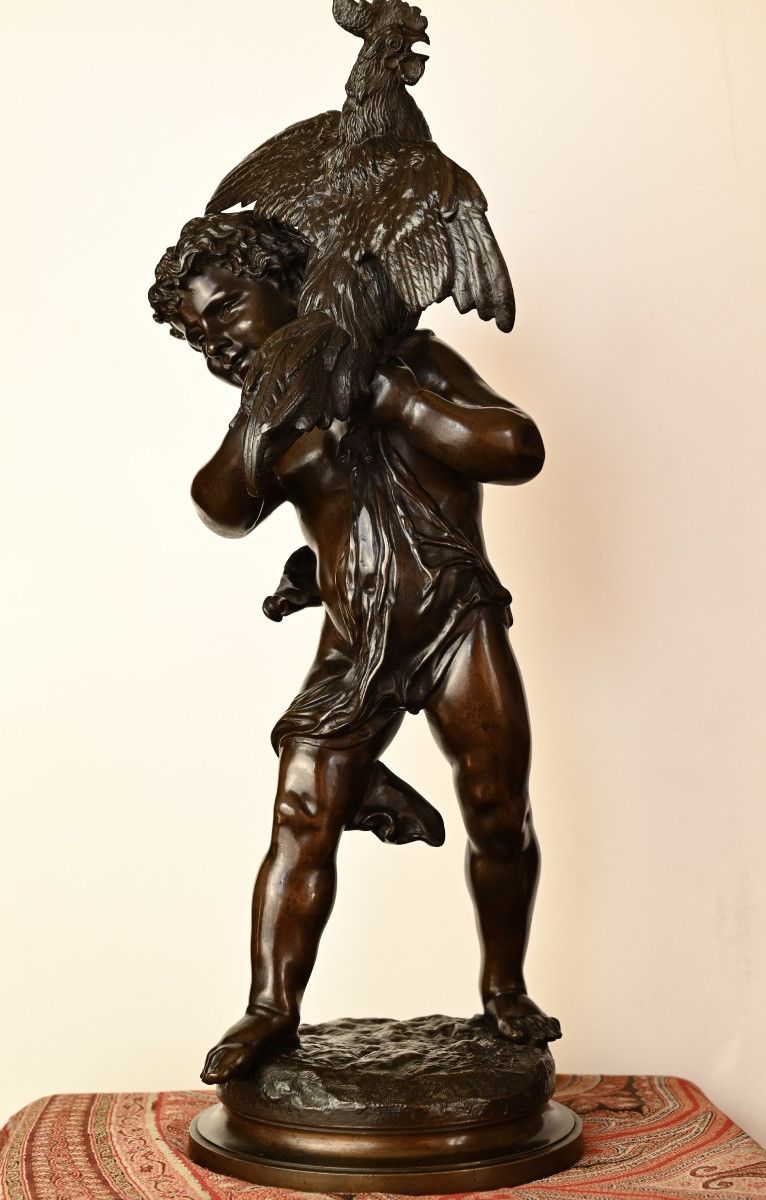 "child With A Rooster" Bronze By Emile Laporte-photo-3