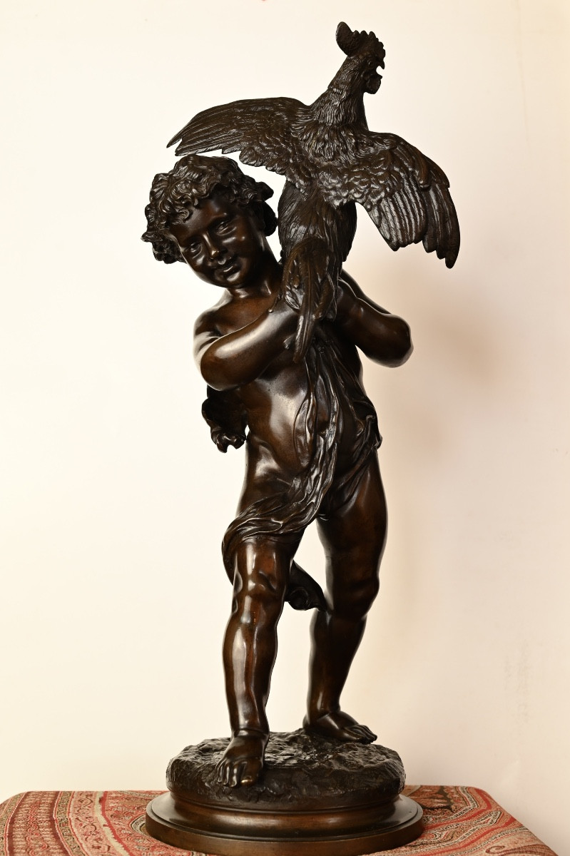 "child With A Rooster" Bronze By Emile Laporte