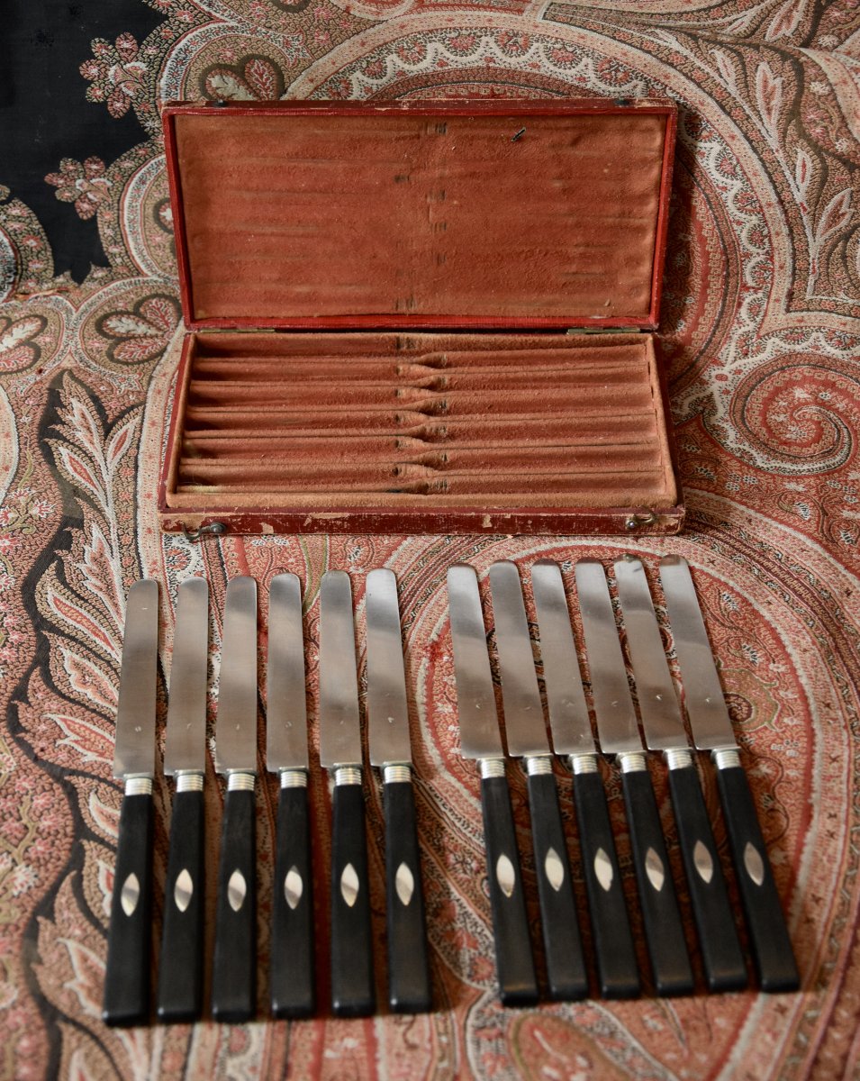 Twelve Silver And Ebony Dessert Knives