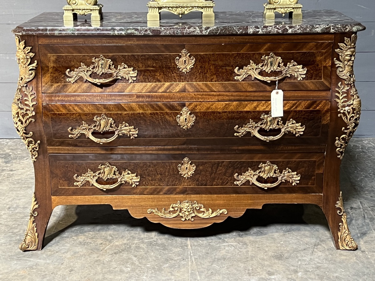 Louis XV Chest Of Drawers In Burr Walnut, Marble Top, Gilt Bronze Ornamentation-photo-2